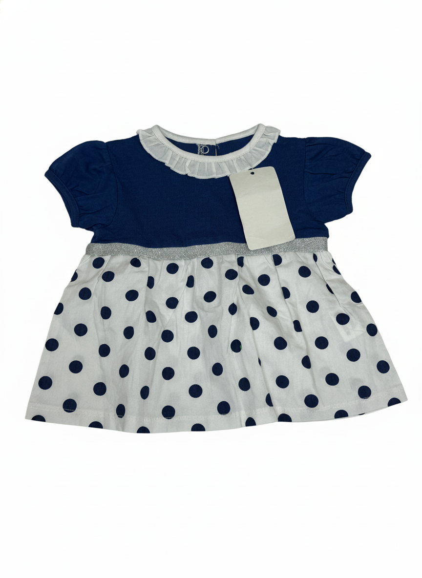 🐣💚 Bílo-modré šaty s puntíky Prenatal Easy Chic 68 – AI enhanced