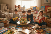 vygeneruj mi realitickou fotku detí spolu s pohádkovimi knihami 