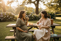 vygenetuj mi obrázek dvou maminek kde jedna bude těhotná a druhá bude kojit a budou jako dvě kamarádky někde 